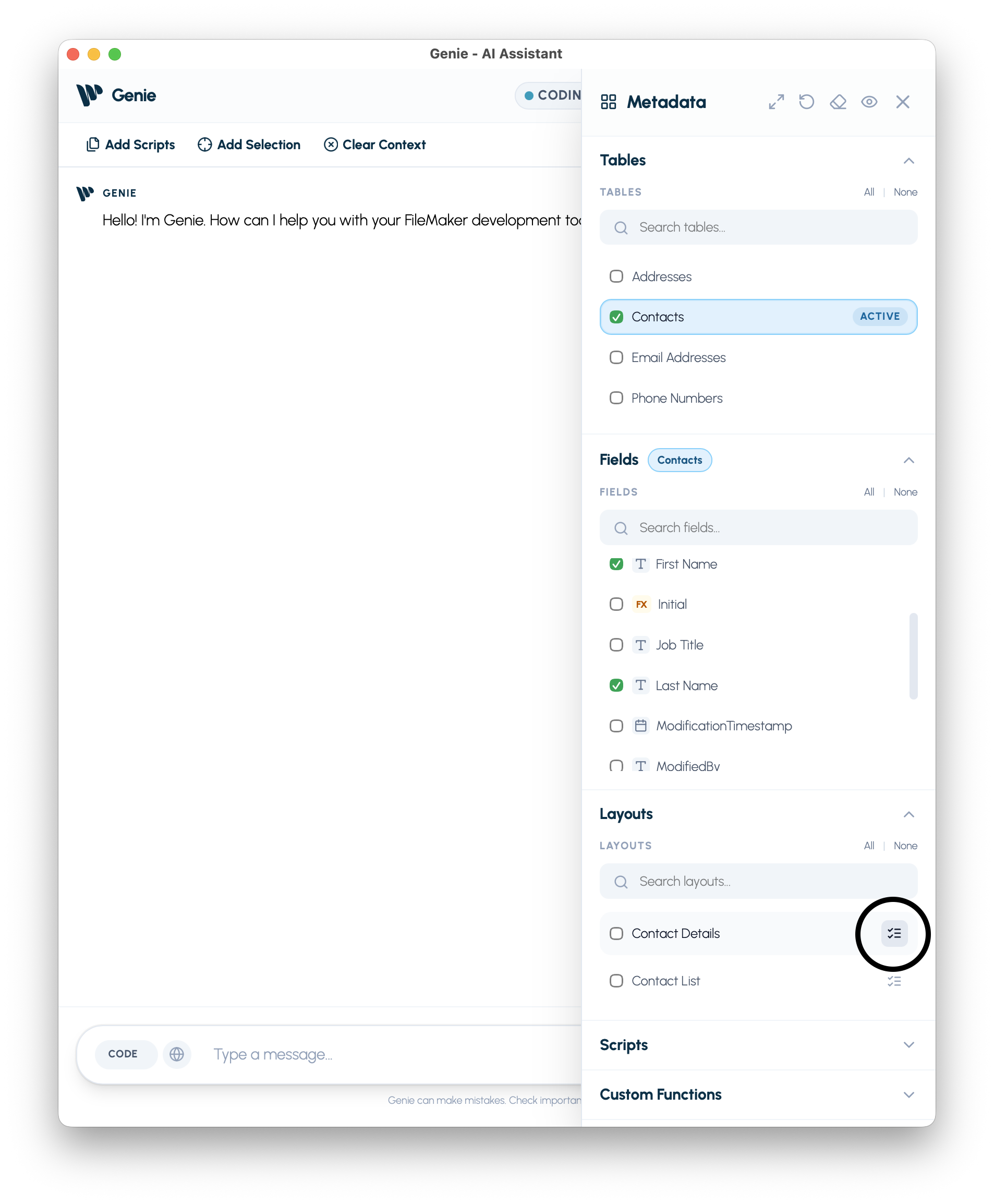 Select fields on this layout button in Metadata Explorer