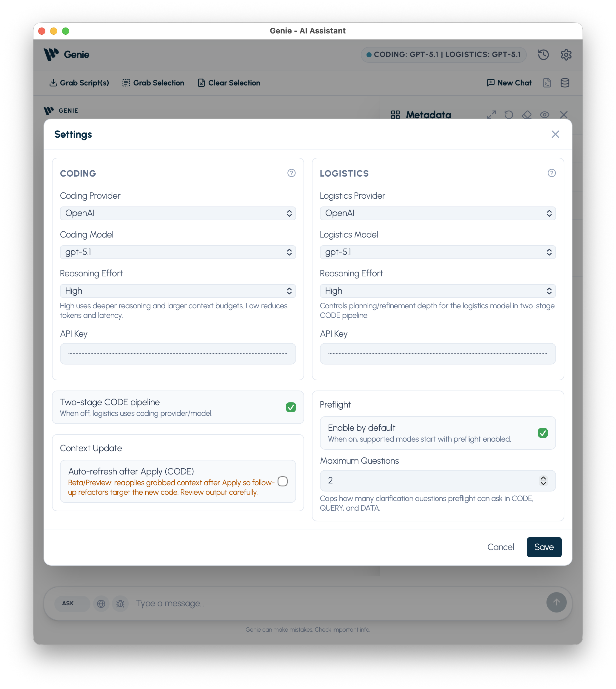 Settings panel overview