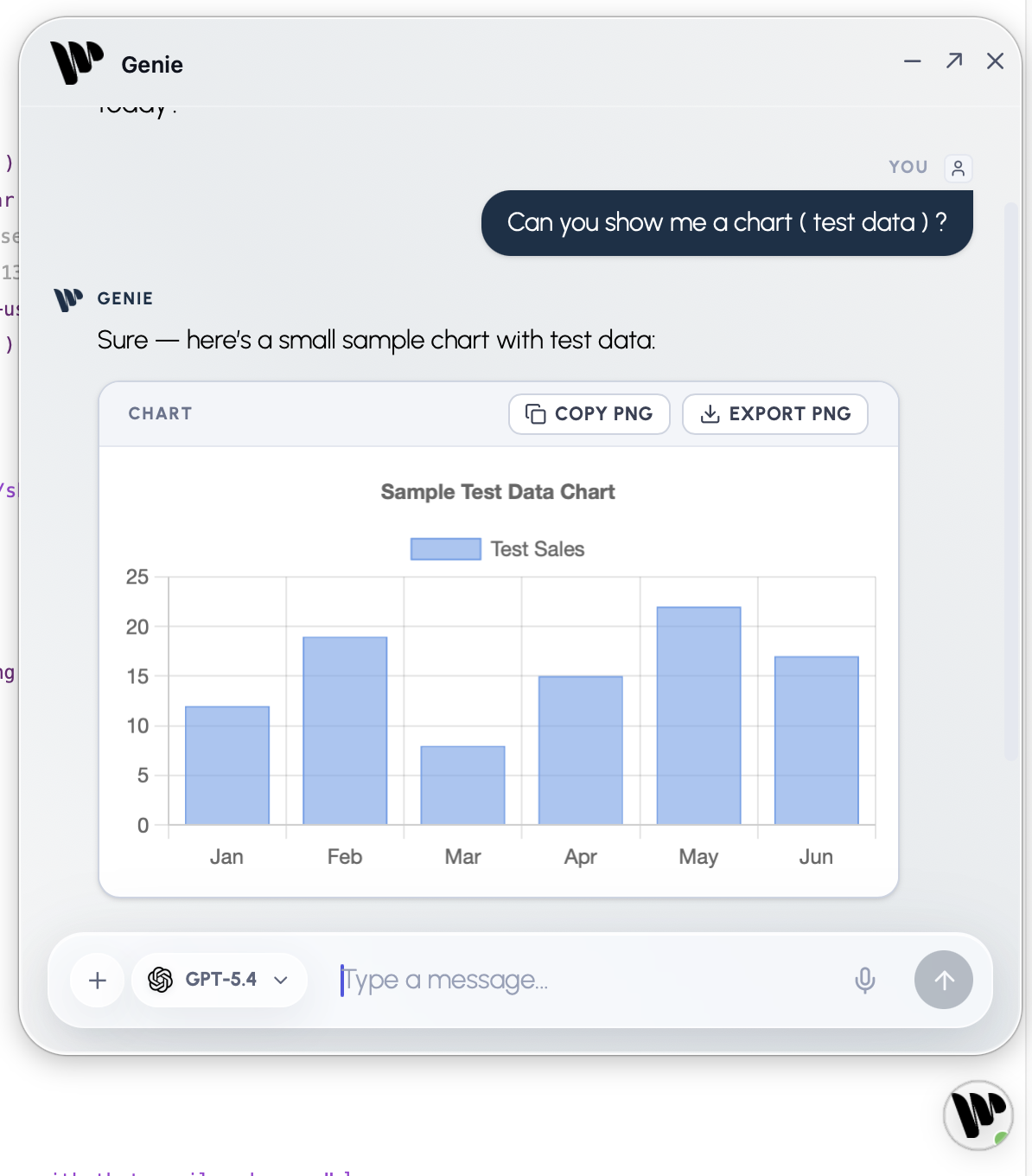 AGENT response with a generated chart and Copy PNG and Export PNG actions