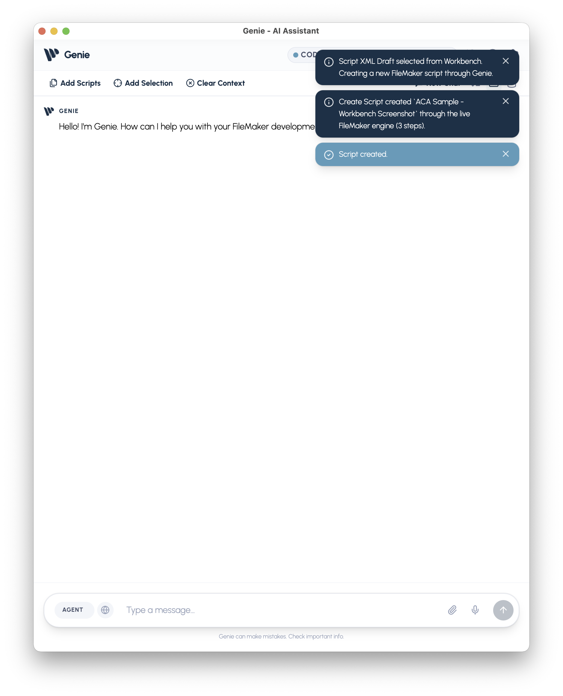 Genie notifications showing Create Script preparation, successful FileMaker import, and script-created confirmation