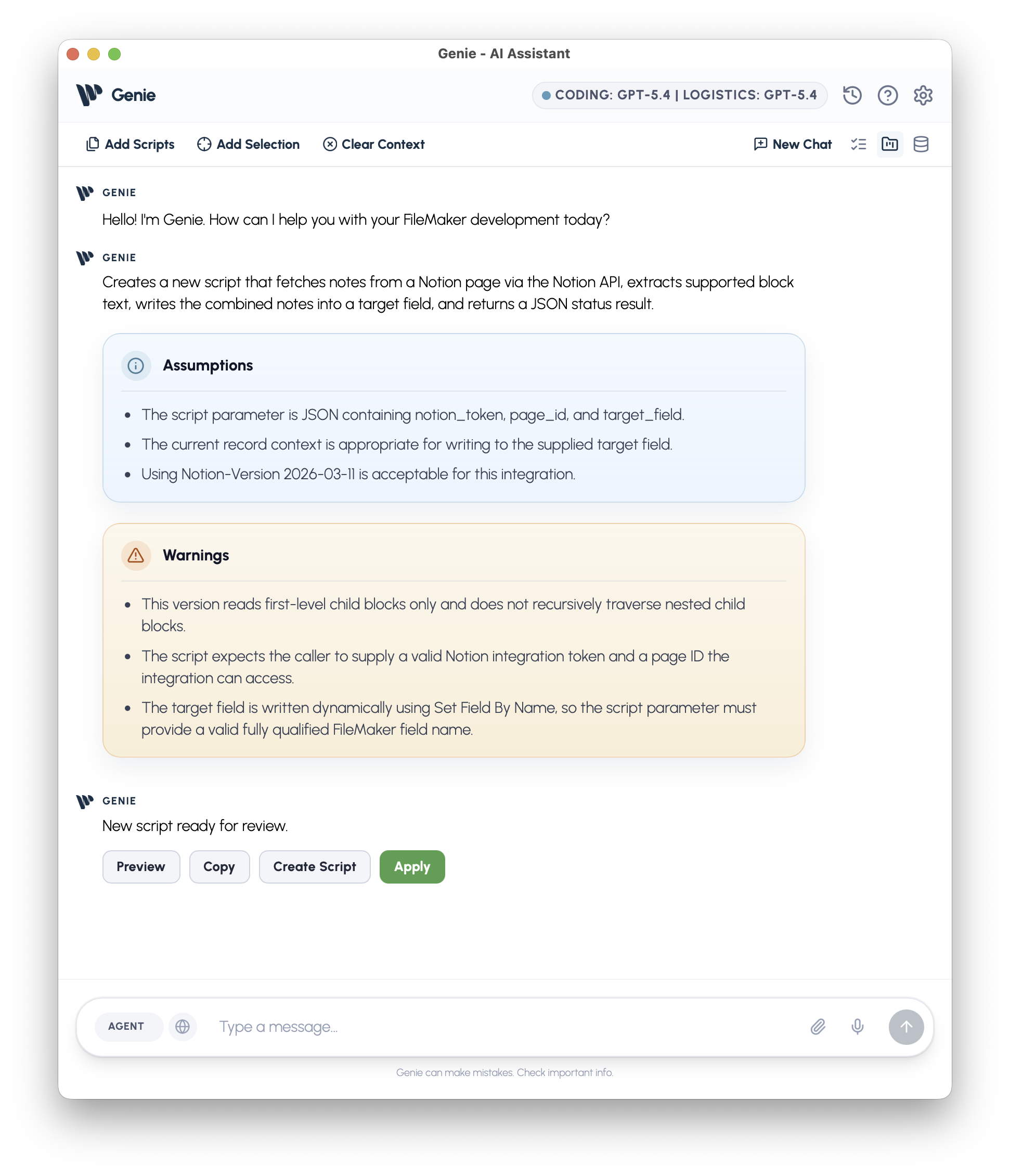 Expanded AGENT result with assumptions, warnings, Preview, Copy, Create Script, and Apply actions