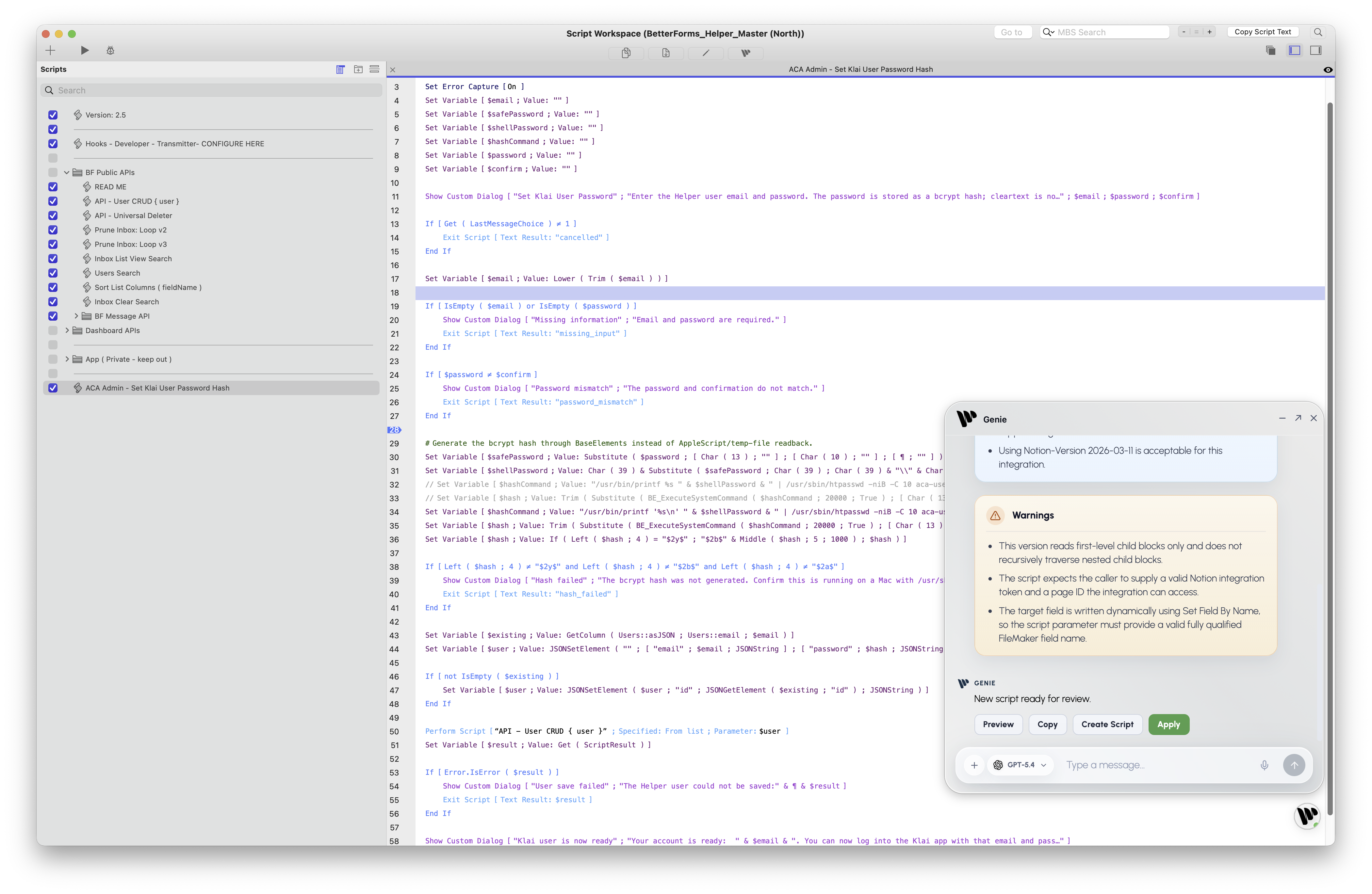 Compact Script Workspace Agent showing the reviewed script actions