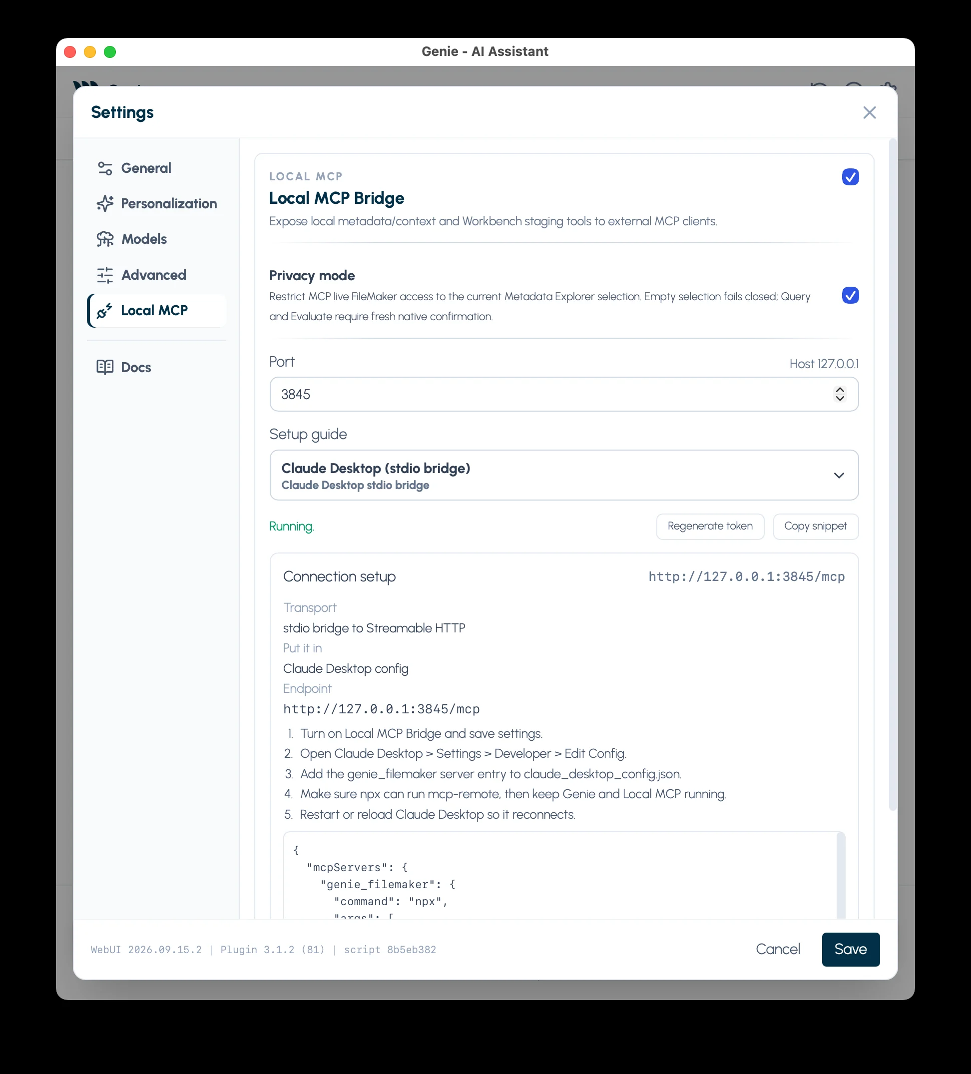 Local MCP Bridge settings showing setup guide and bridge controls