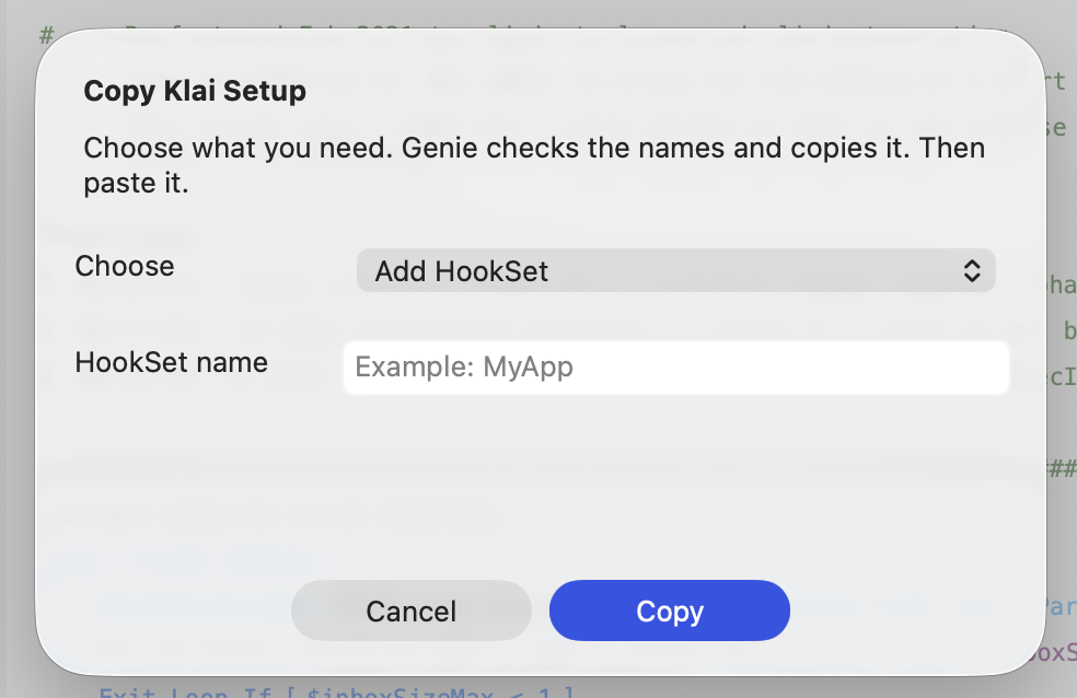 Cuadro de diálogo Add HookSet con el campo HookSet name