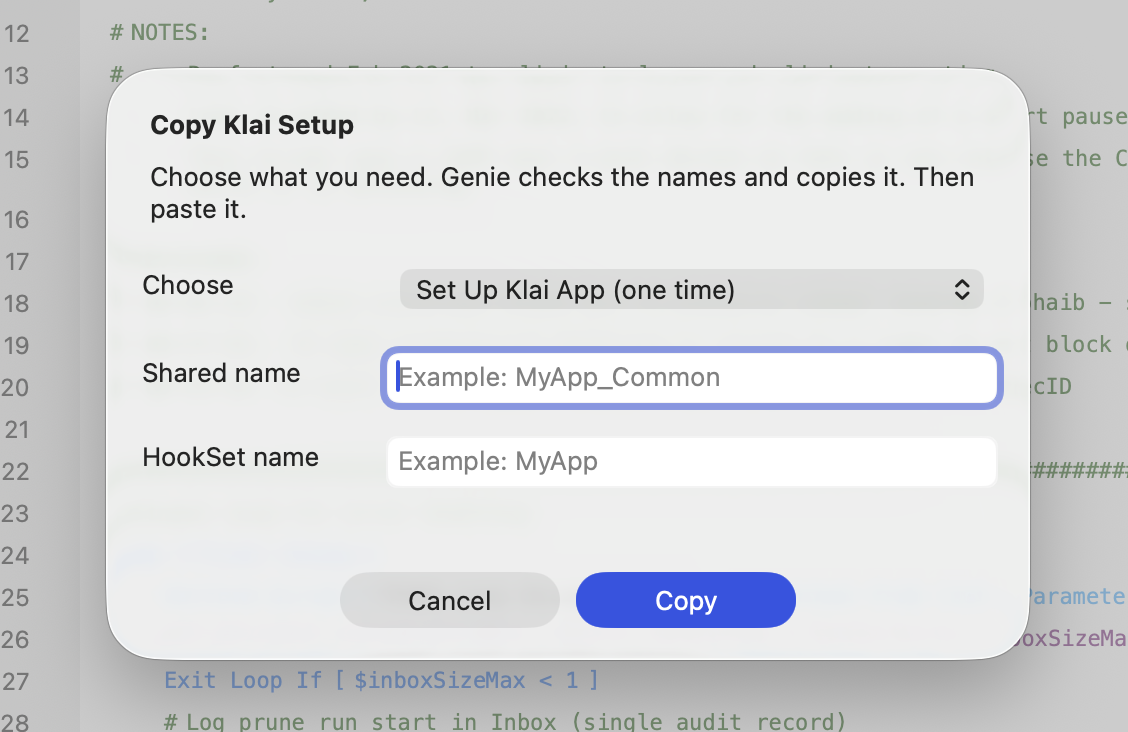Cuadro de diálogo Set Up Klai App con los campos Shared name y HookSet name