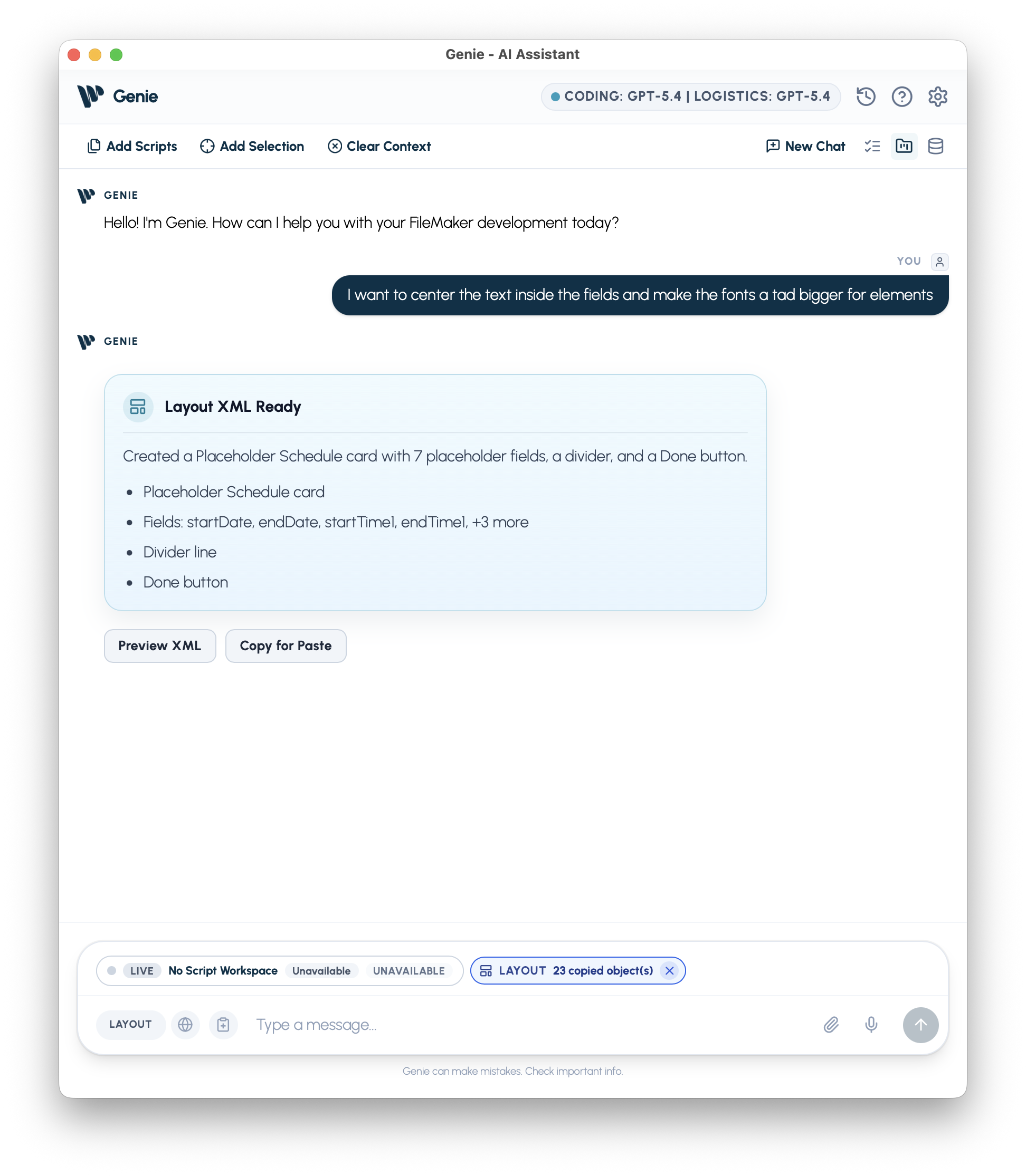 Layout XML Ready result with Preview XML and Copy for Paste actions