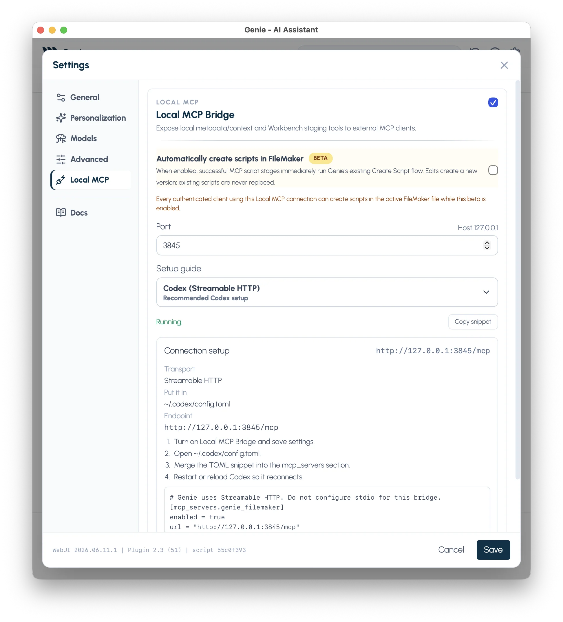 Local MCP settings with the beta automatic script creation option