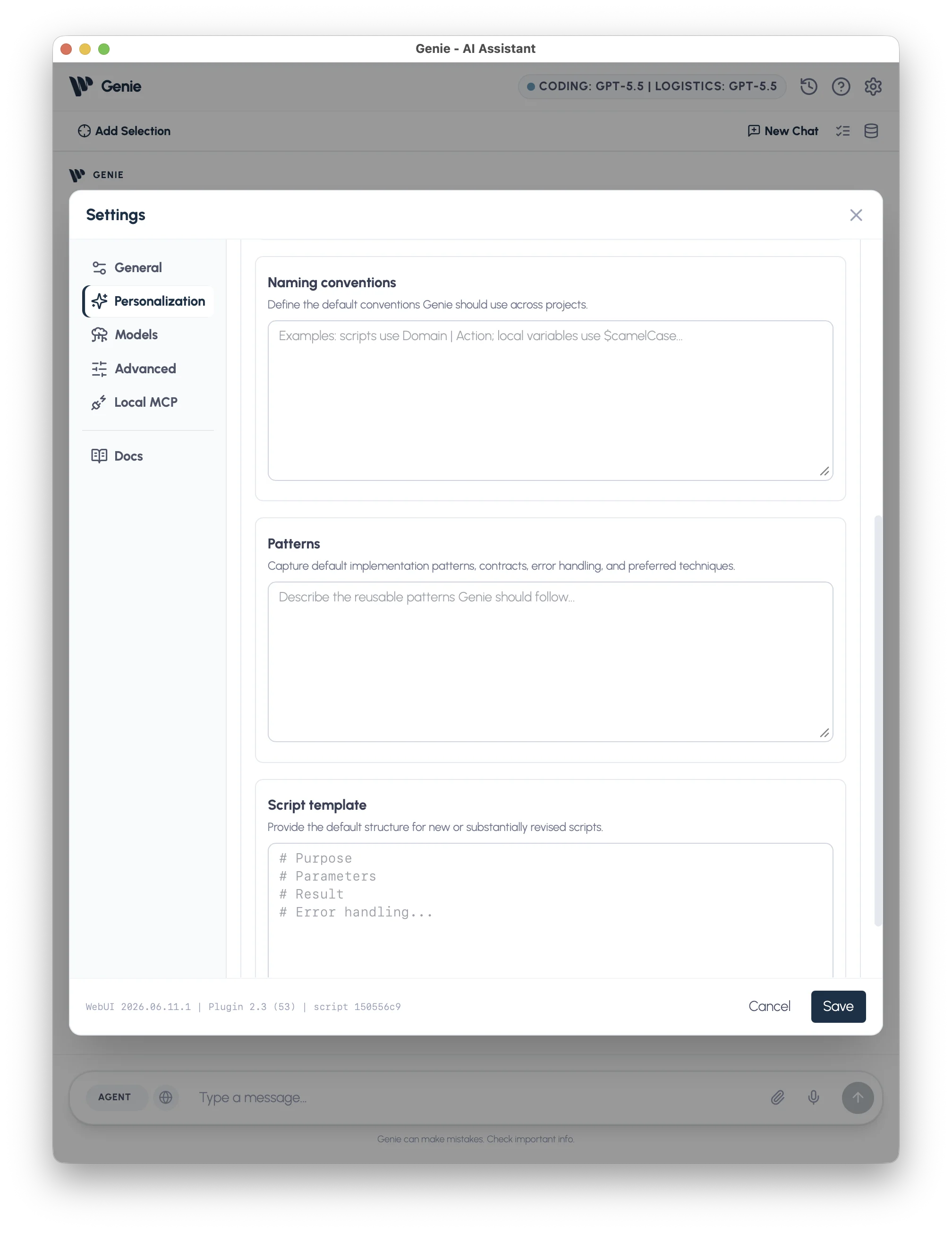 Generic personalization fields for naming conventions, patterns, and script template