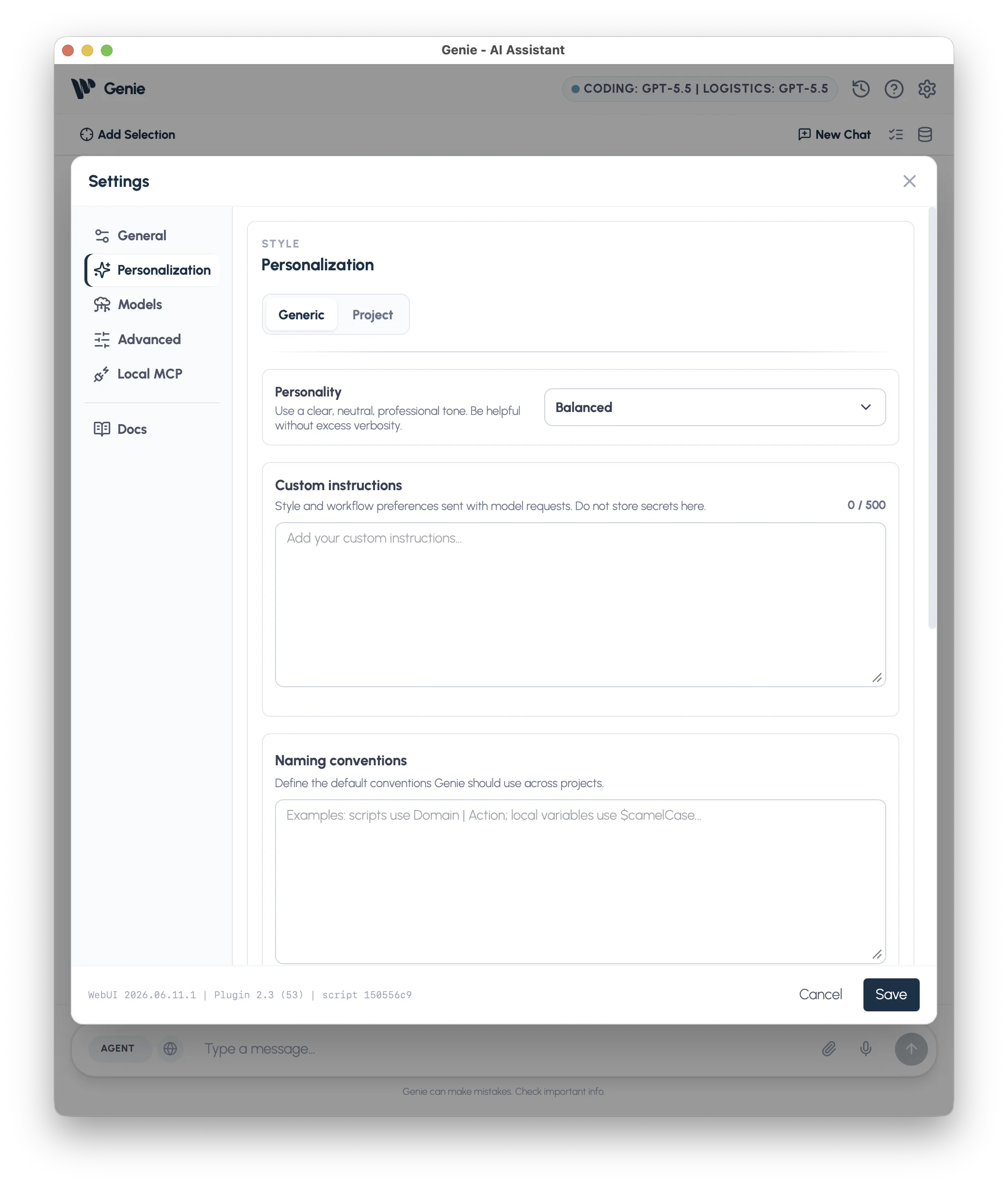 Personalization with Generic and Project tabs