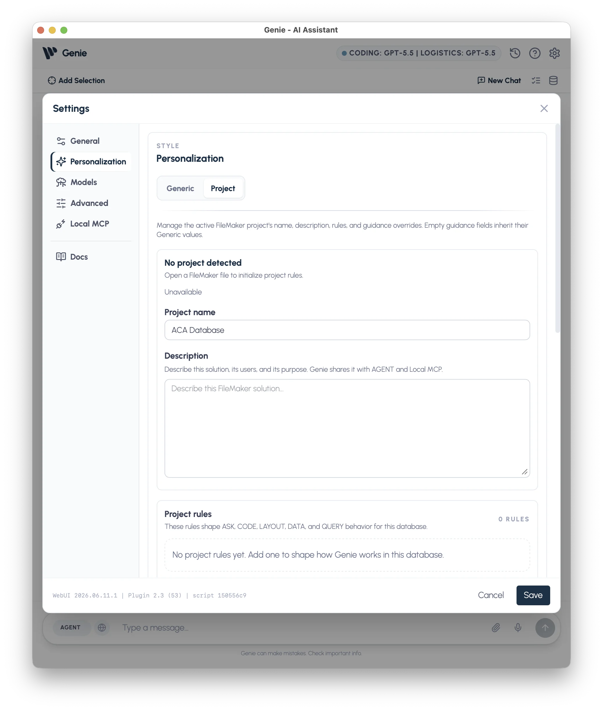 Project personalization settings with project name, description, and project rules