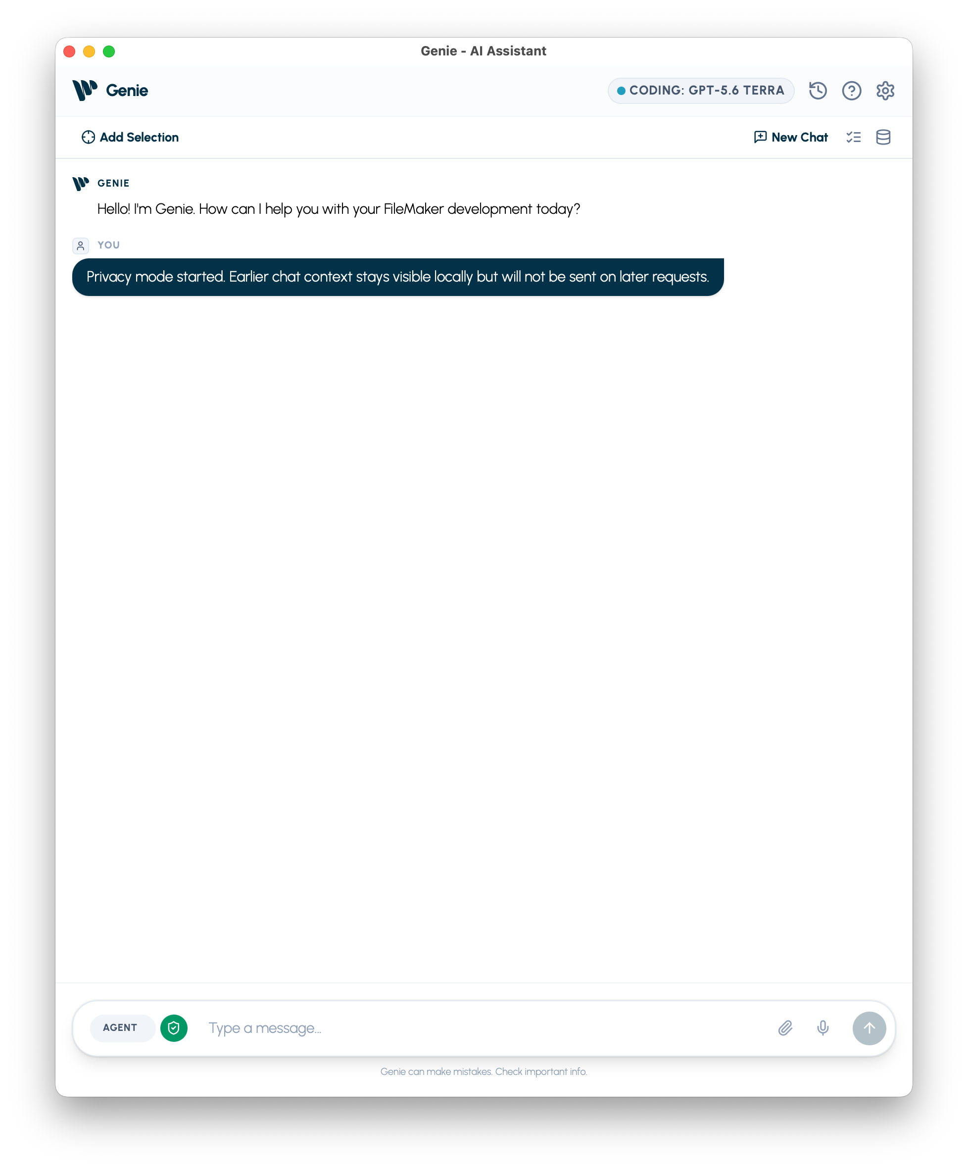 Privacy Mode enabled in AGENT, with the green shield and confirmation message