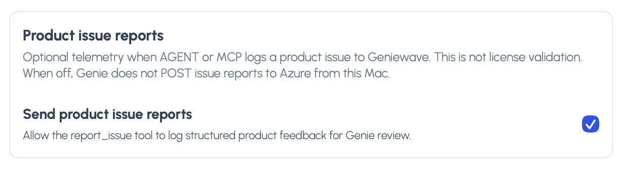 Product issue reports setting enabled for AGENT and Local MCP