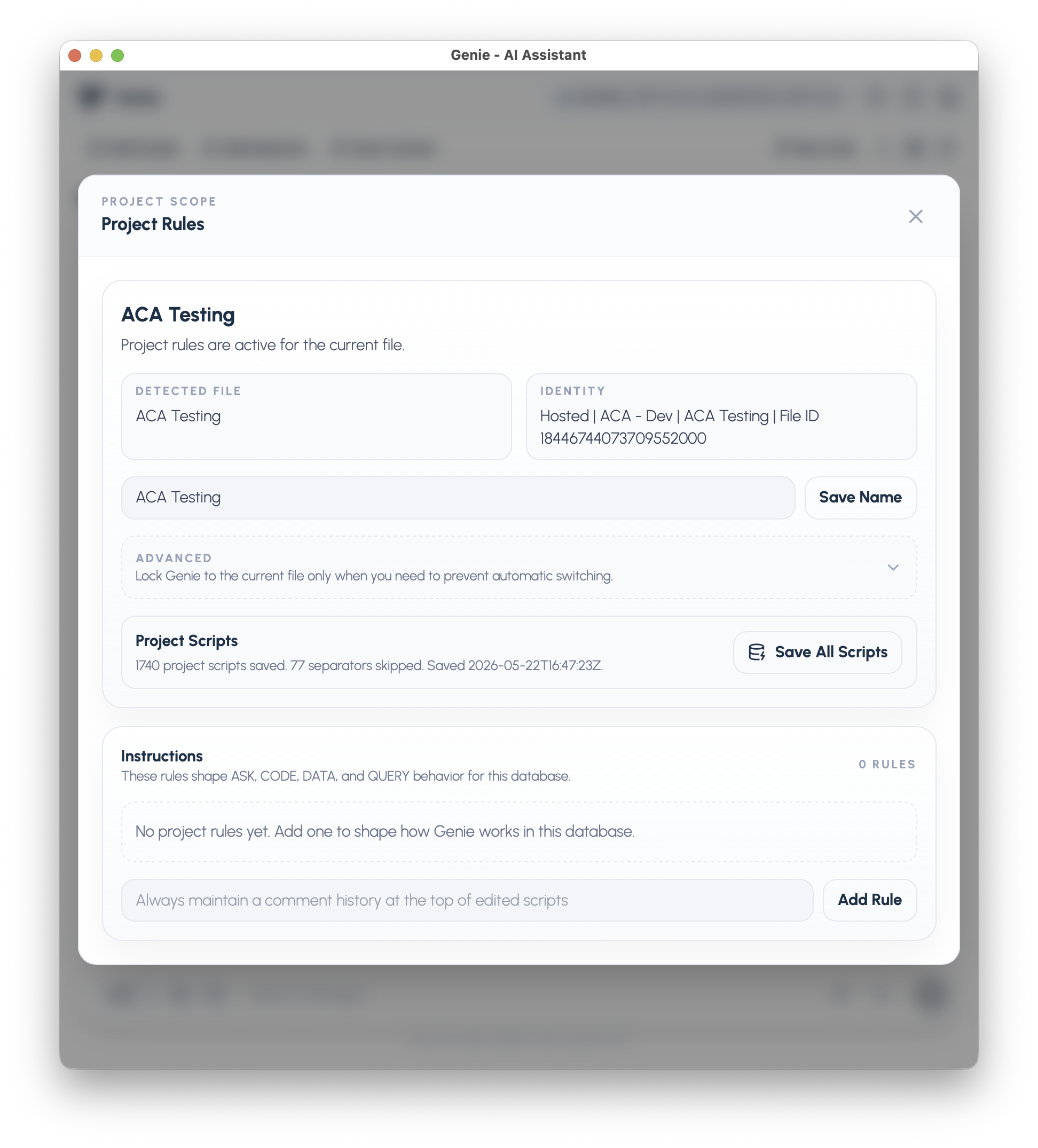 Project Rules Project Scripts section with Save All Scripts button