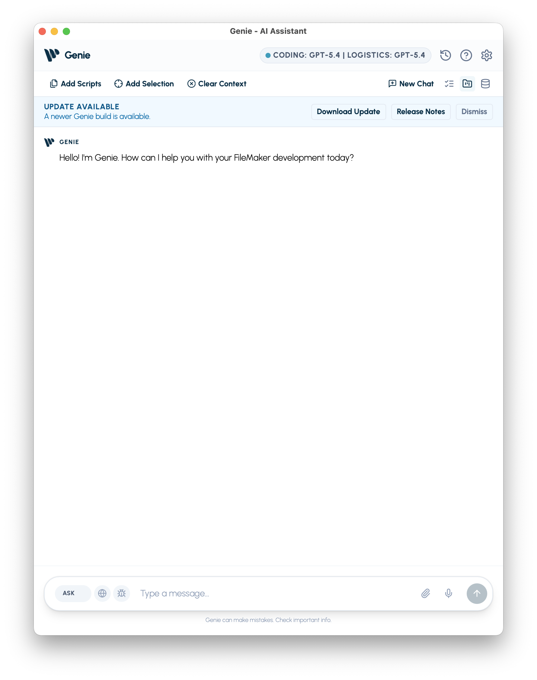 Genie update available banner with Download Update, Release Notes, and Dismiss buttons