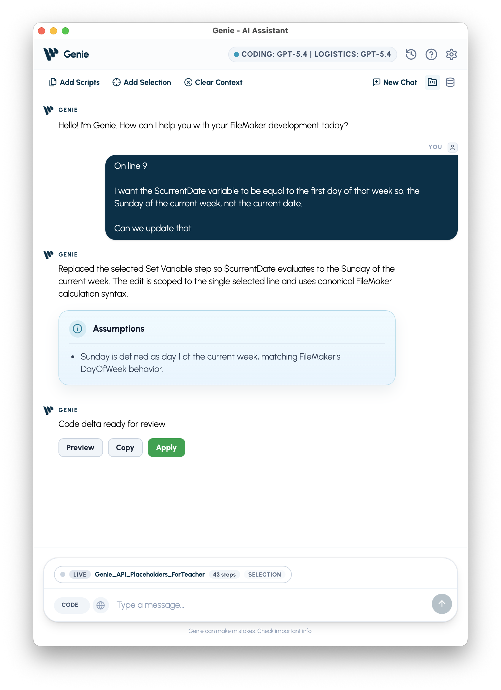 CODE response with Preview, Copy, and Apply actions
