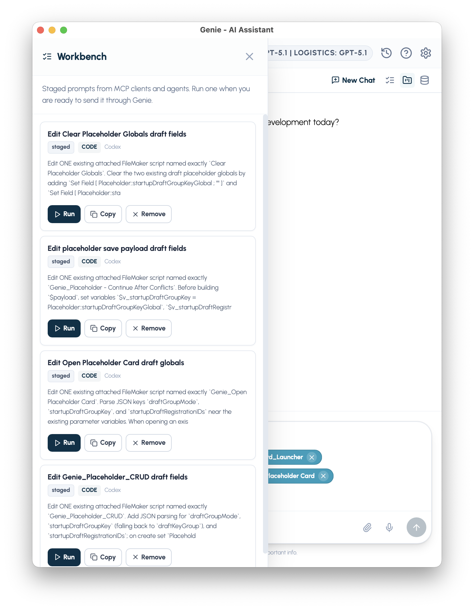 Workbench panel with staged CODE items from Codex