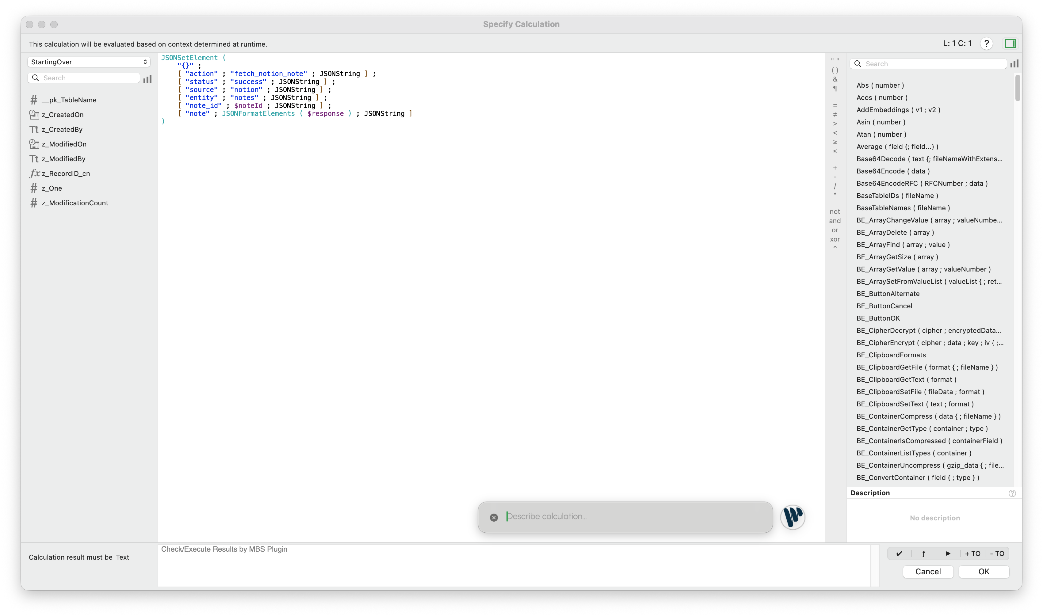 Calculation Quick AI overlay in FileMaker's Specify Calculation dialog