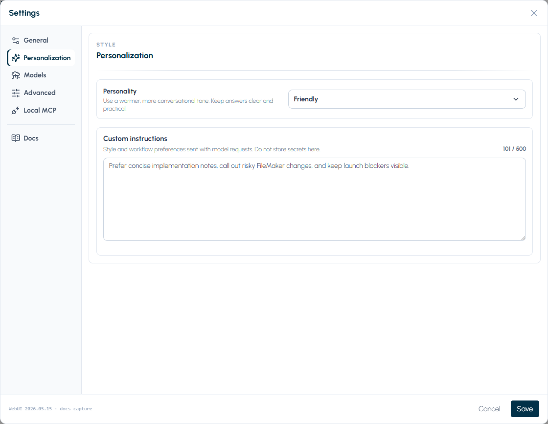 Settings Personalization tab