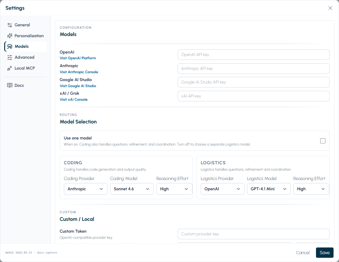 Settings Models tab