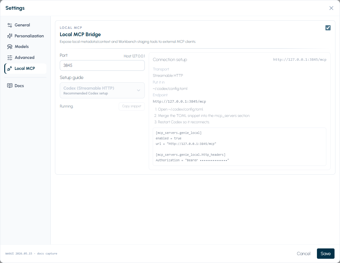 Current Local MCP settings tab