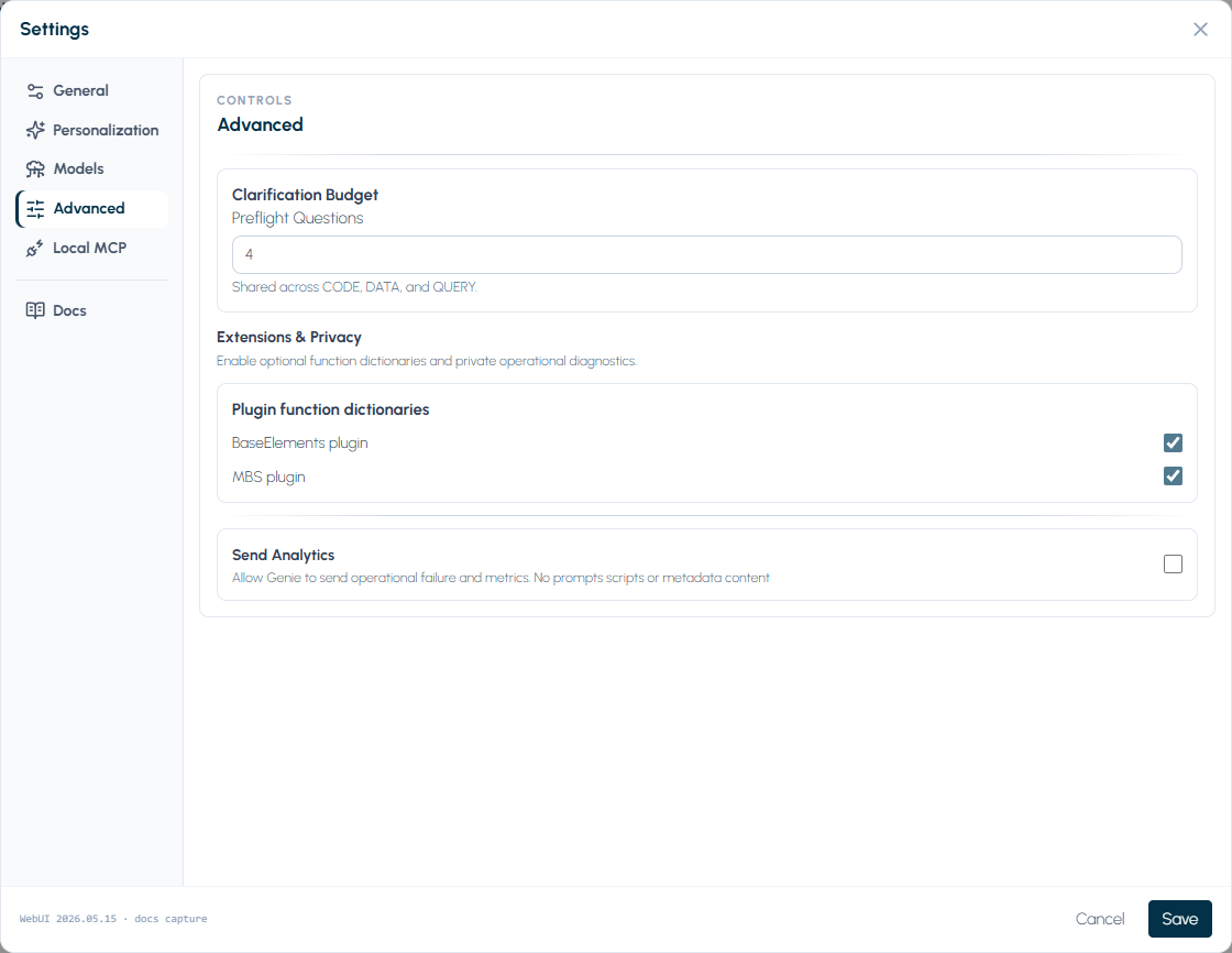 Settings Advanced tab with clarification budget and plugin dictionaries
