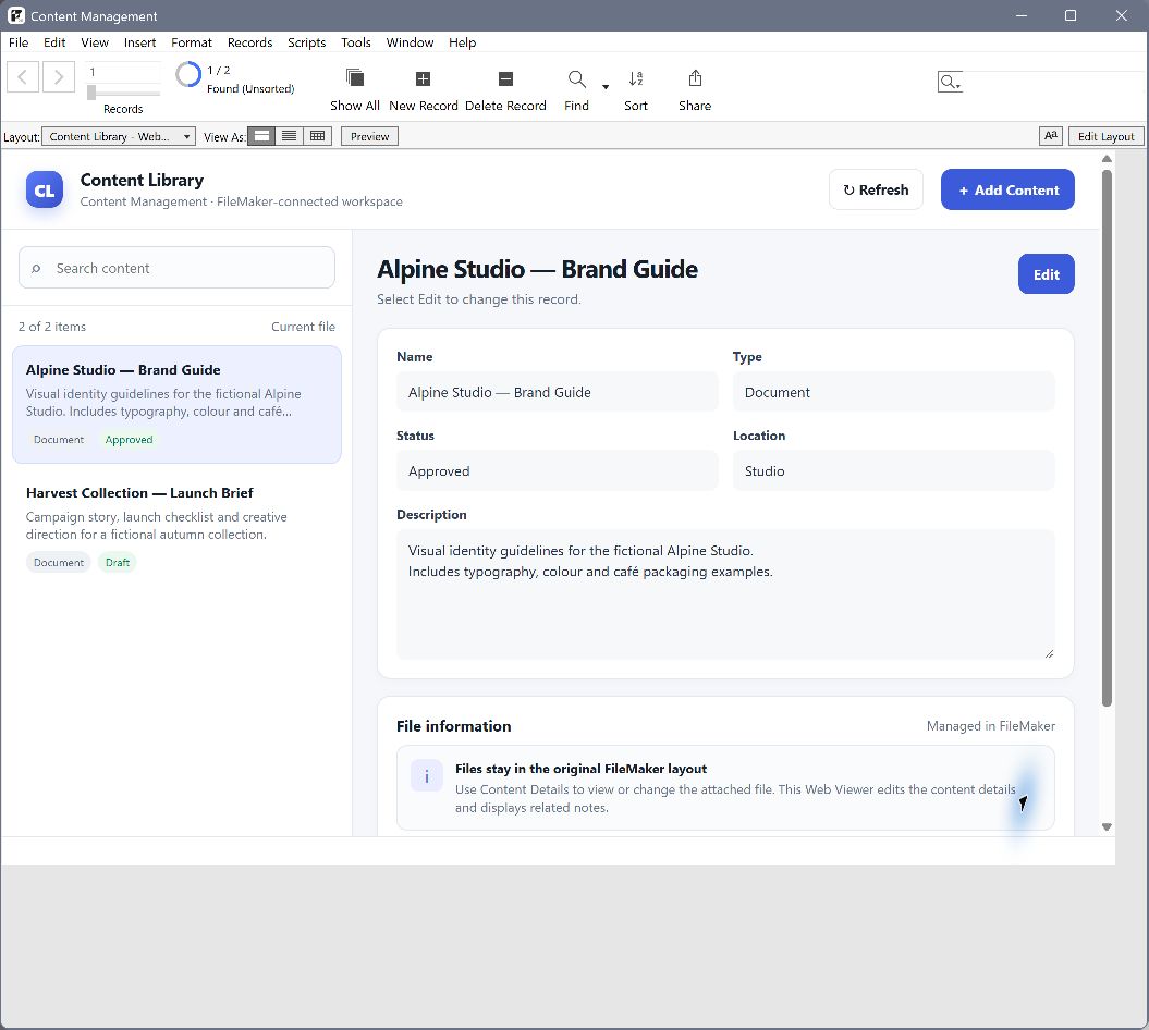 Content Library Web Viewer open in FileMaker with two sample records and details for Alpine Studio — Brand Guide