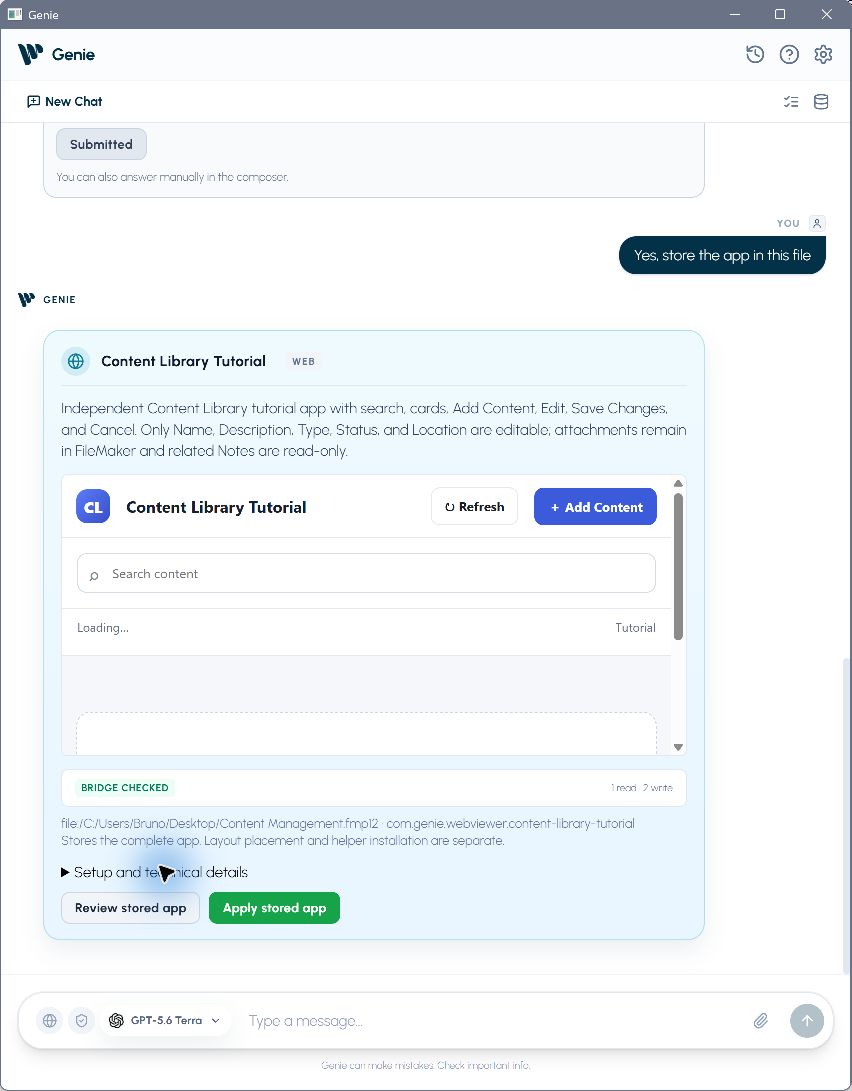 Genie stored interface card before installation with Review stored app and Apply stored app actions