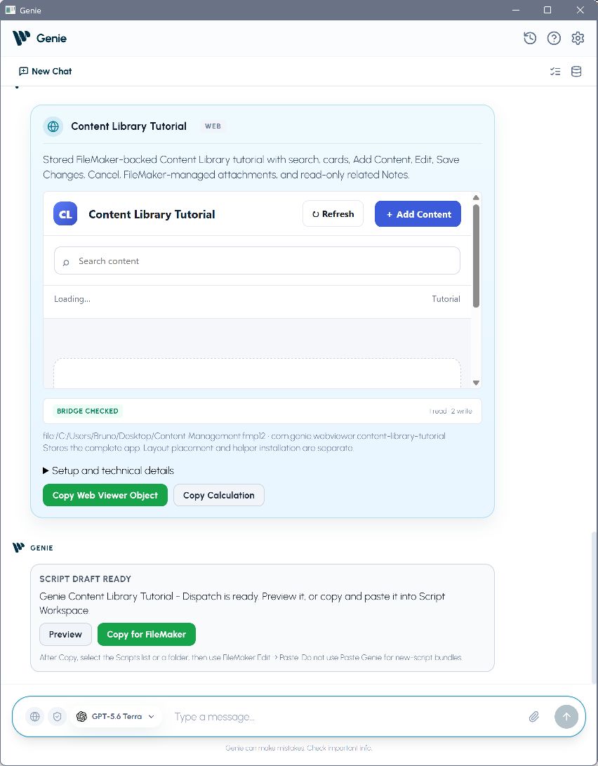 Genie Web Viewer card with Copy Web Viewer Object and Copy Calculation, followed by a separate Script Draft Ready card