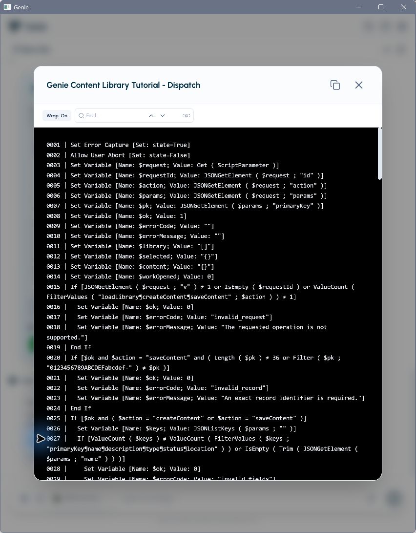 Genie preview of the Content Library Tutorial Dispatch helper script