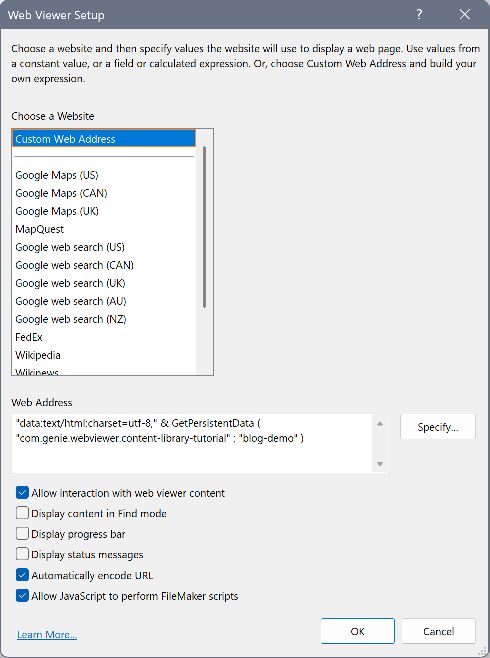 FileMaker Web Viewer Setup with a short stored-HTML calculation and URL encoding and JavaScript script permission enabled