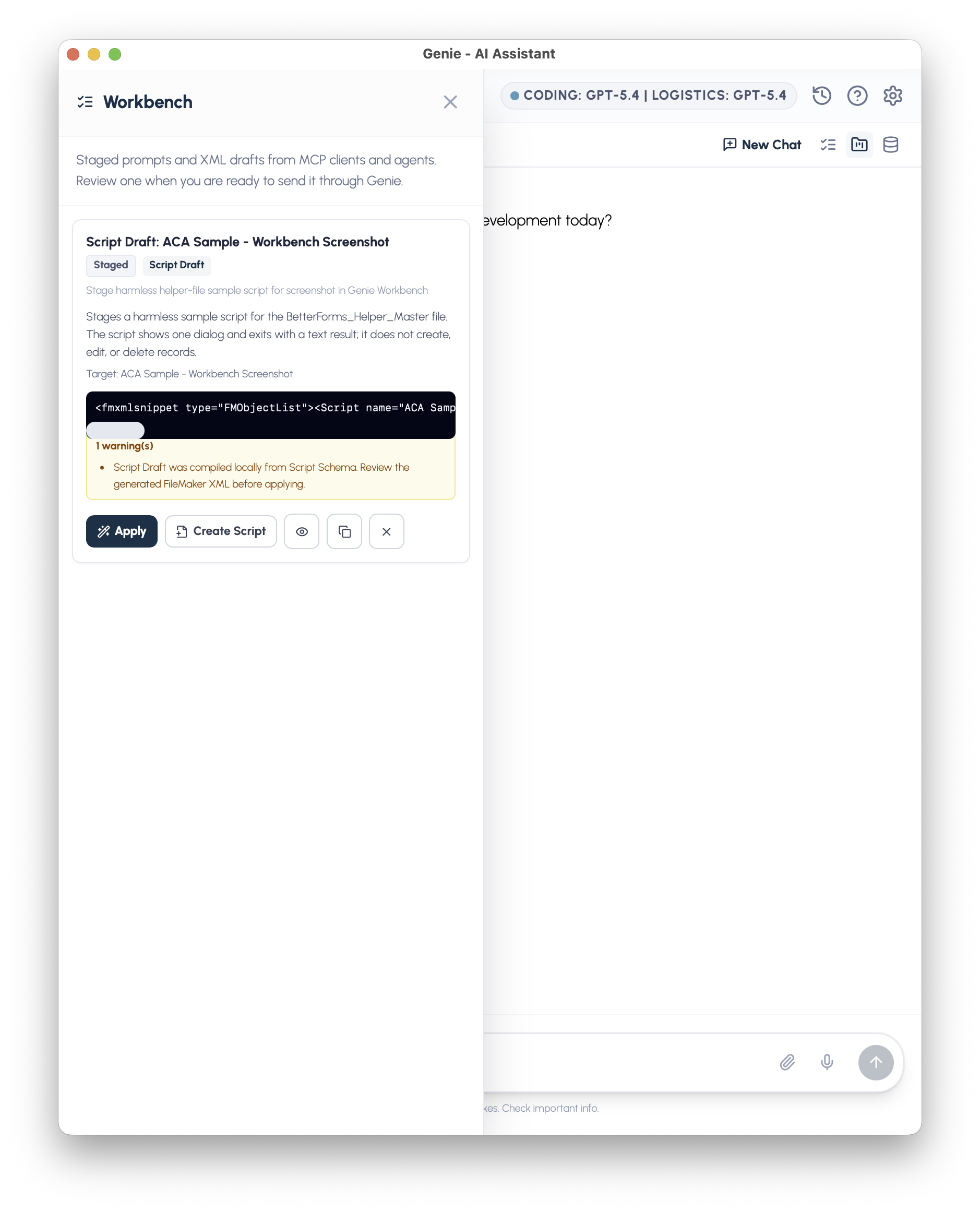 Workbench script draft with Apply, Create Script, Preview, Copy, and Remove controls