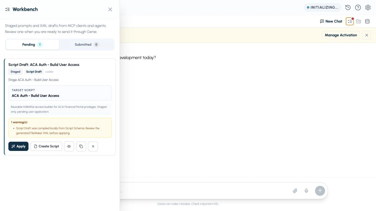 Workbench card with target script, warnings, and no inline XML preview